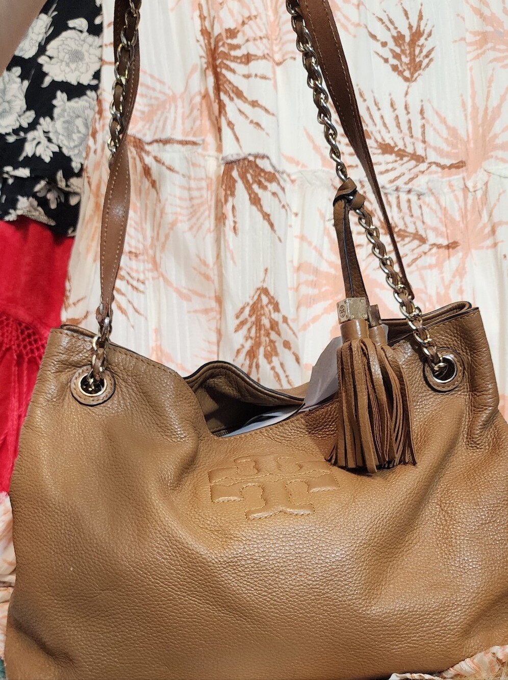 Tory Burch Caramel Pebbled Leather Shoulder Bag with Tassel